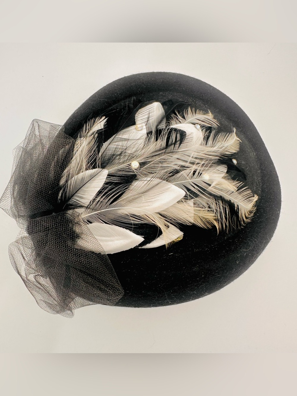 Vintage Style Black Felt Pillbox Hat with Feathers, Rhinestones & Netting
